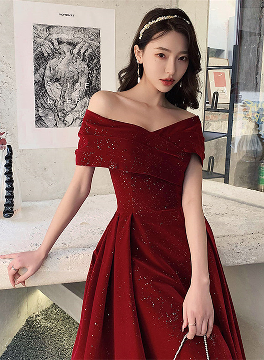 Wine Red Off Shoulder Tea Length Velvet Party Dress, Wine Red Prom Dre — free download