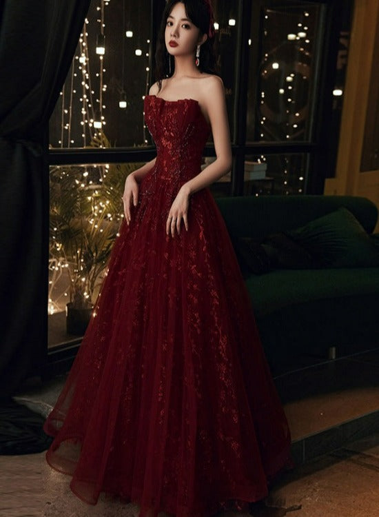 formal wine red dress Wine Red Floral Lace and Tulle Long Evening Gown Party Dress, Burgundy Formal Dresses 2022 US size 20W / Wine Red