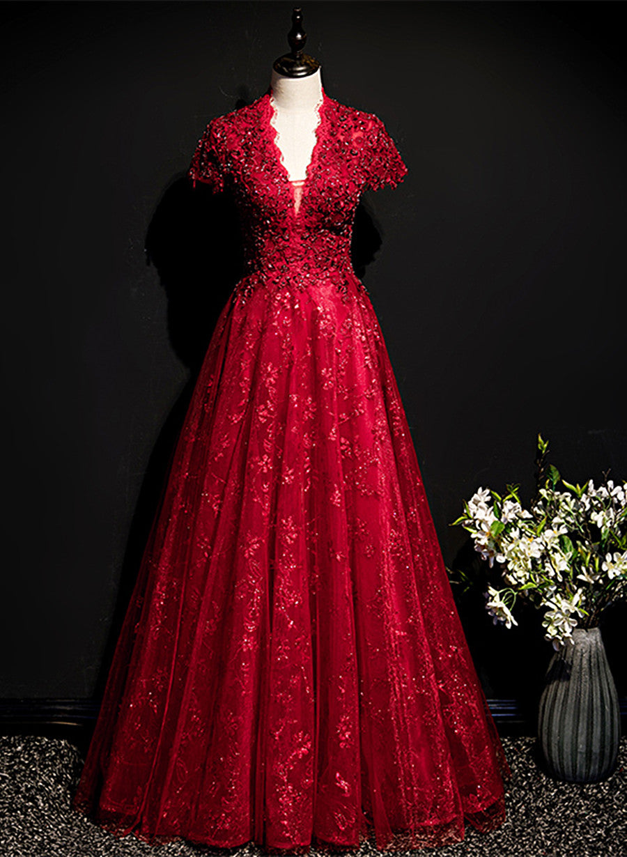 chinese dress ladies Wine Red Lace A-Line Open Back Long Prom Dress, A-Line Wine Red Formal Dress US Size 16 / Wine Red