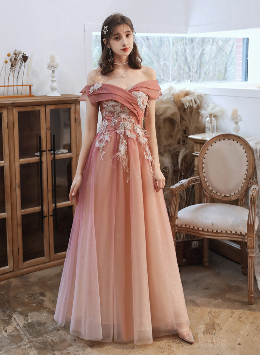 Engagement Pink Womens Dress Gradient Pink Off Shoulder A-Line With Flowers Prom Dress, Pink Long Engagement Pink Womens Dress Gradient Pink Off Shoulder A-Line With Flowers Prom Dress, Pink Long