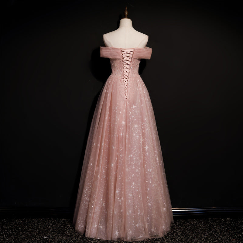 A Line Off the Shoulder Pink Floral Tulle Prom Dress LBQ2737 main image 1