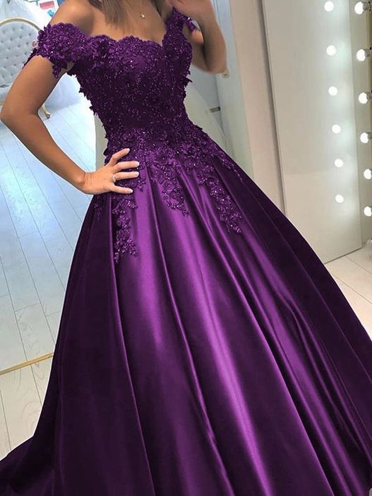 Dark Purple Satin Off Shoulder Long Lace Prom Dresses, Off the