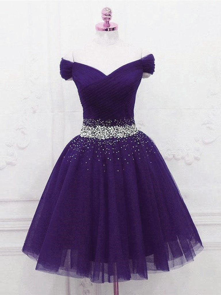 purple poofy prom dresses Purple Off Shoulder Tulle Short Puffy Prom Dresses, Puffy Purple Homecoming Dresses US 2 / Purple