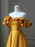 A-Line Off Shoulder Satin Gold Long Prom Dress, Gold Long Evening Dress       fg6085