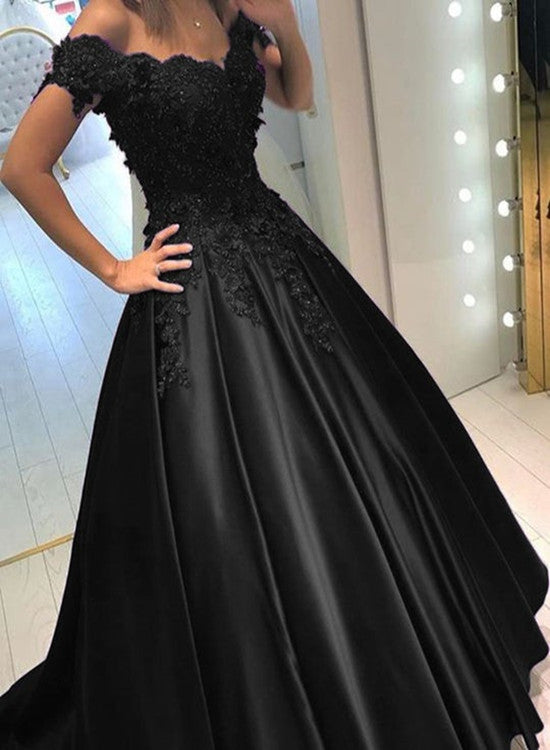 Glam Black Off Shoulder Lace Applique Ball Gown Satin Party Dress, Bla ...