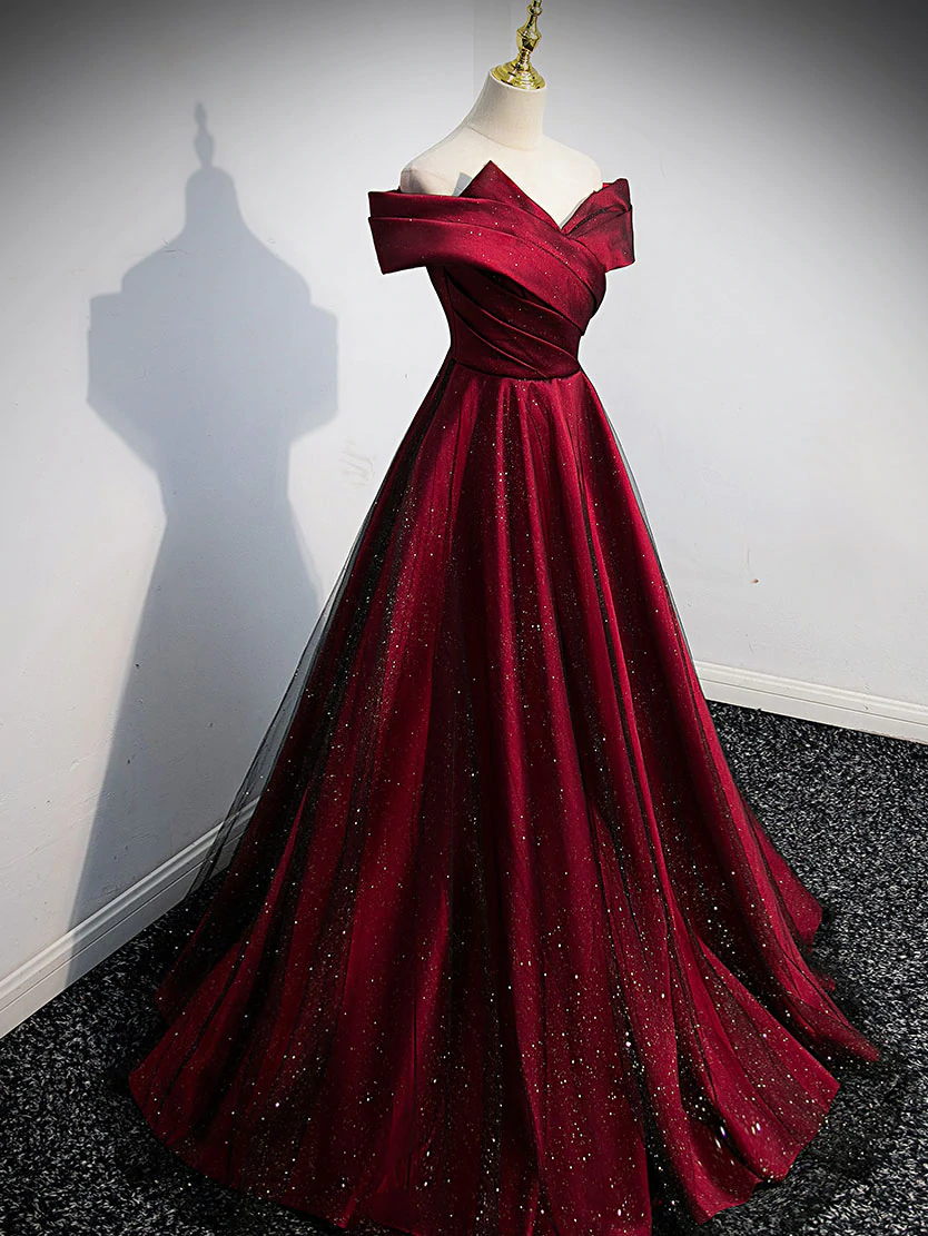 Gorgeous Wine Red Satin Off Shoulder Party Dress , Beautiful Wine Red ...