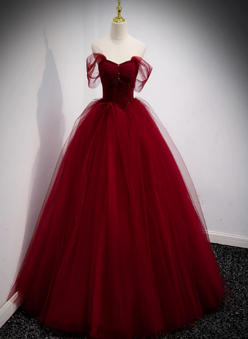 Wine Red Round Neckline Beaded Long Party Dress, Burgundy Tulle Prom Dress