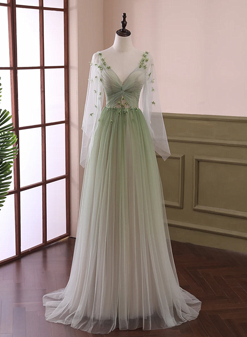 Beautiful Gradient Tulle Green Beaded Long Sleeves Party Dress, Green Formal Dress US Size 20W / Green