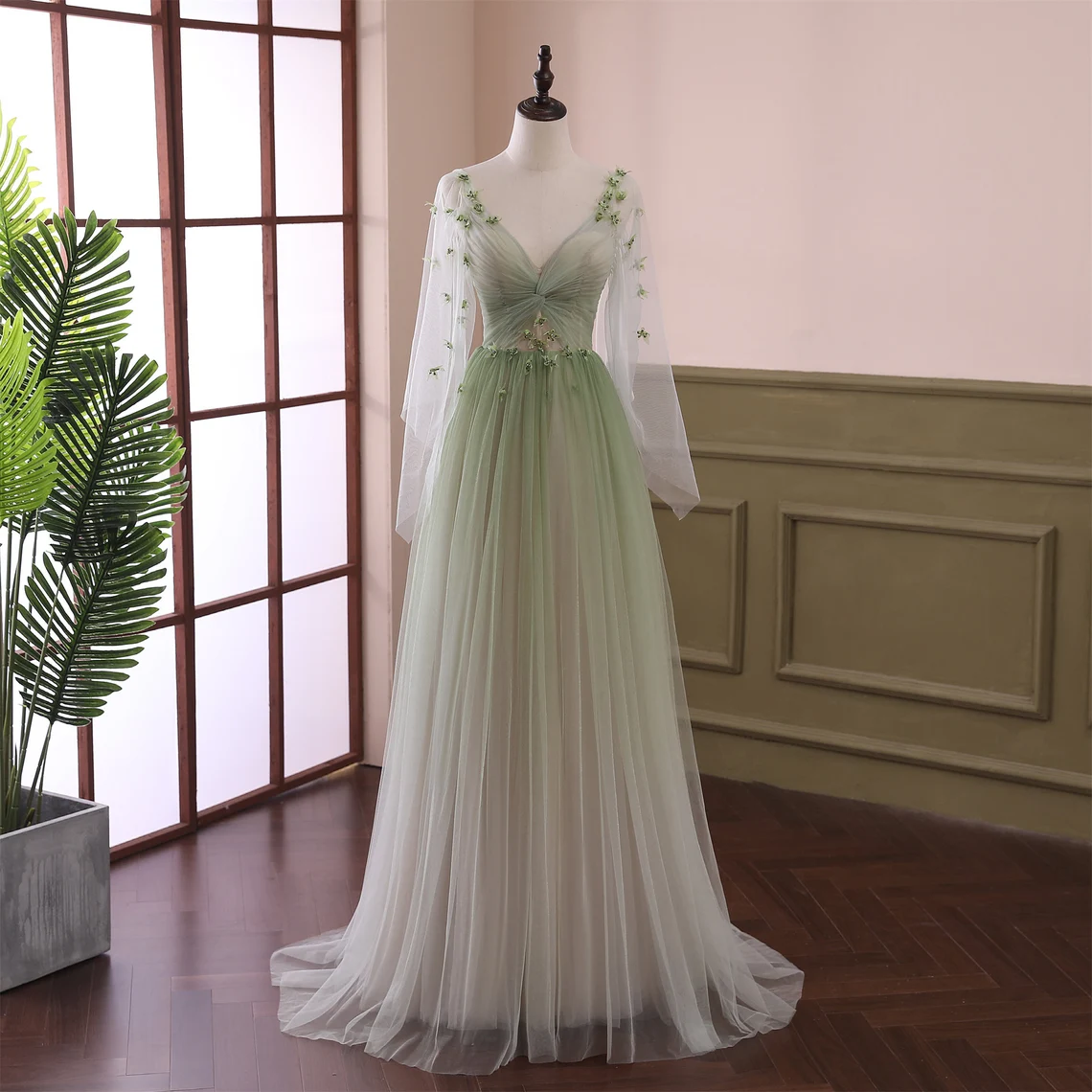 Beautiful Gradient Tulle Green Beaded Long Sleeves Party Dress, Green Formal Dress US size 20W / Green Beautiful Gradient Tulle Green Beaded Long Sleeves Party Dress, Green Formal Dress US size 20W / Green