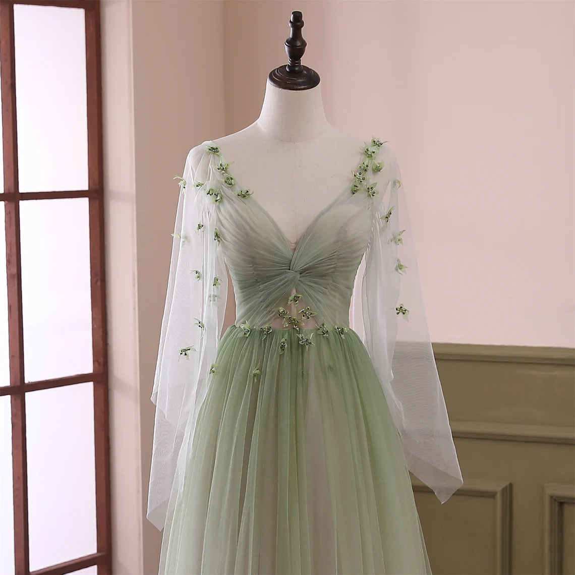 Tulle with Beaded Long Dresses Dark Green Plus Size main image 0