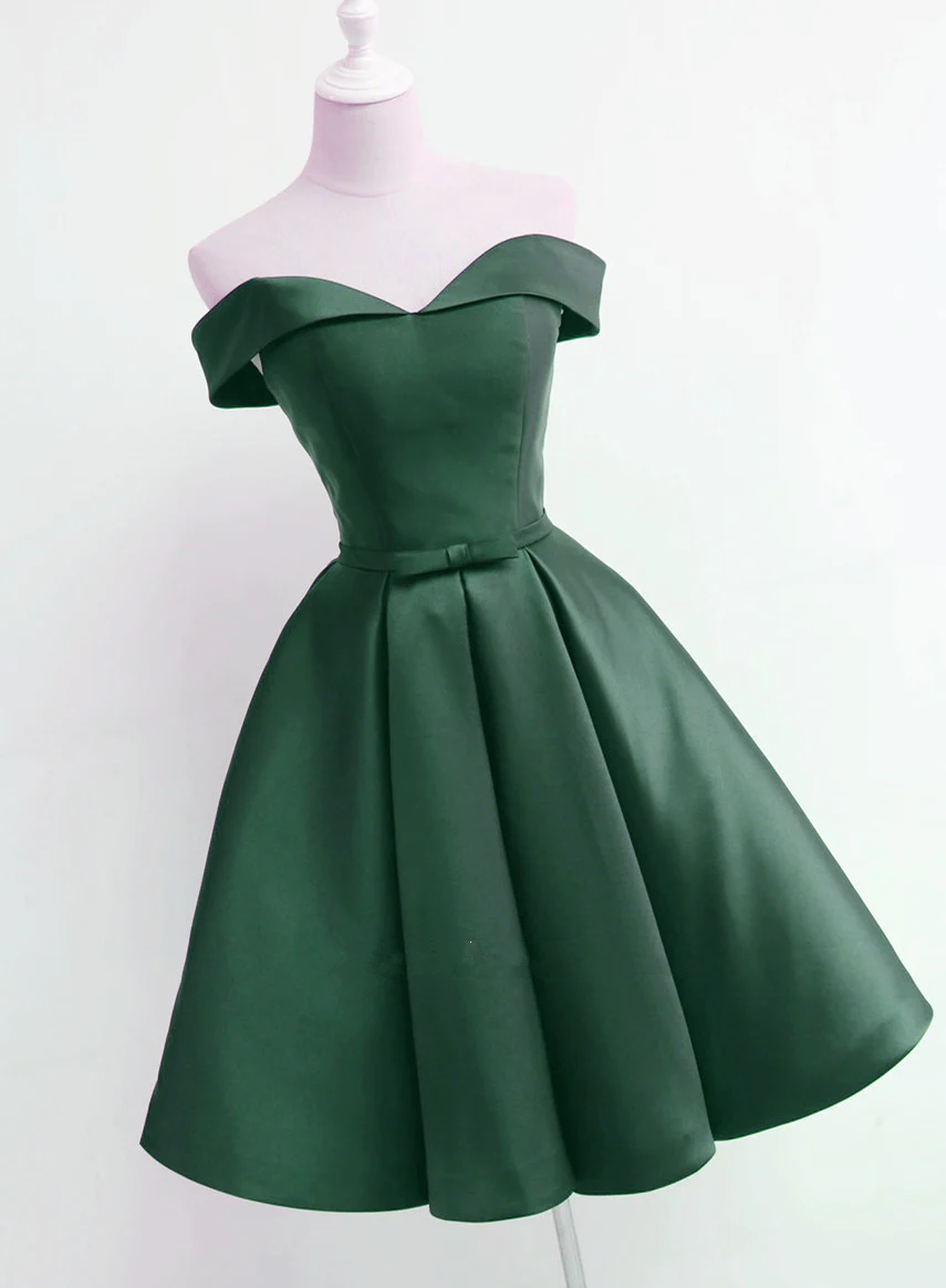 Dark Green Satin Off Shoulder Short Prom Dress, Green Homecoming Dress ...