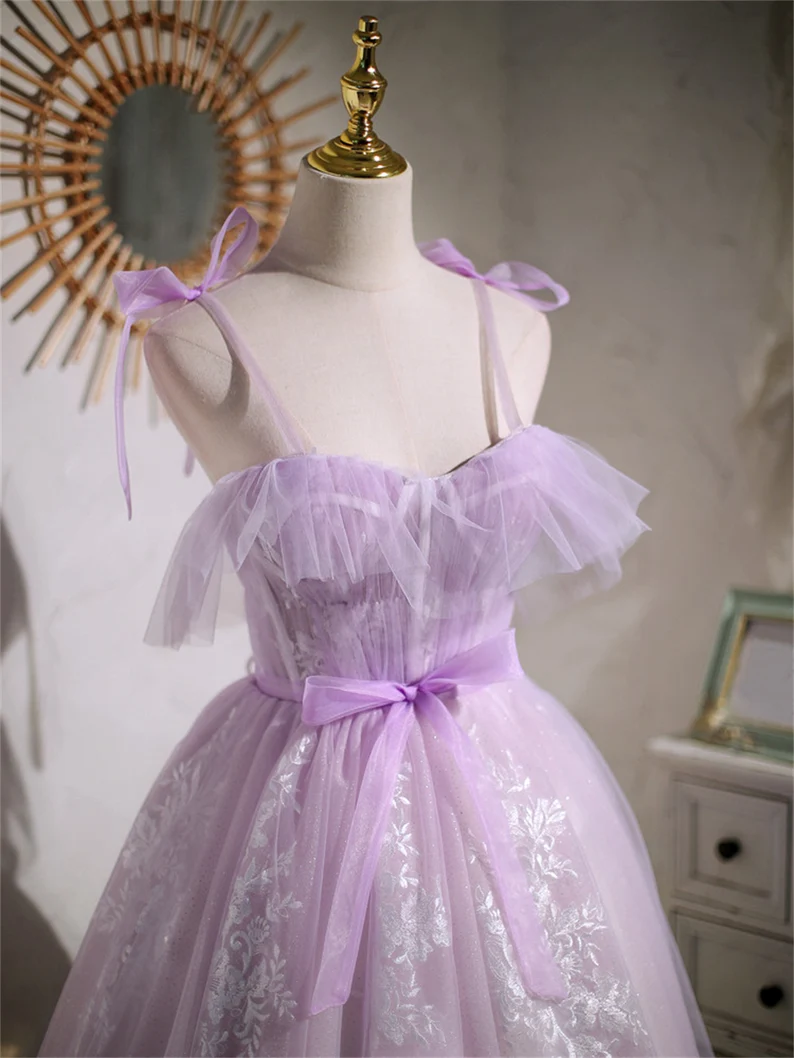 Lavender Tulle Short Straps Party Dress, Tulle Homecoming Dresses main image 1