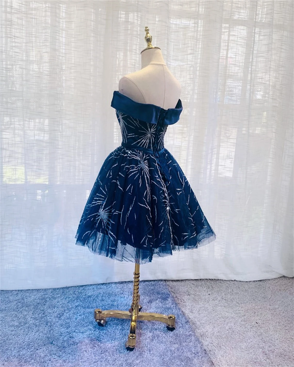 Dark Blue Tulle Off Shoulder Knee Length Party Dress, Blue Homecoming