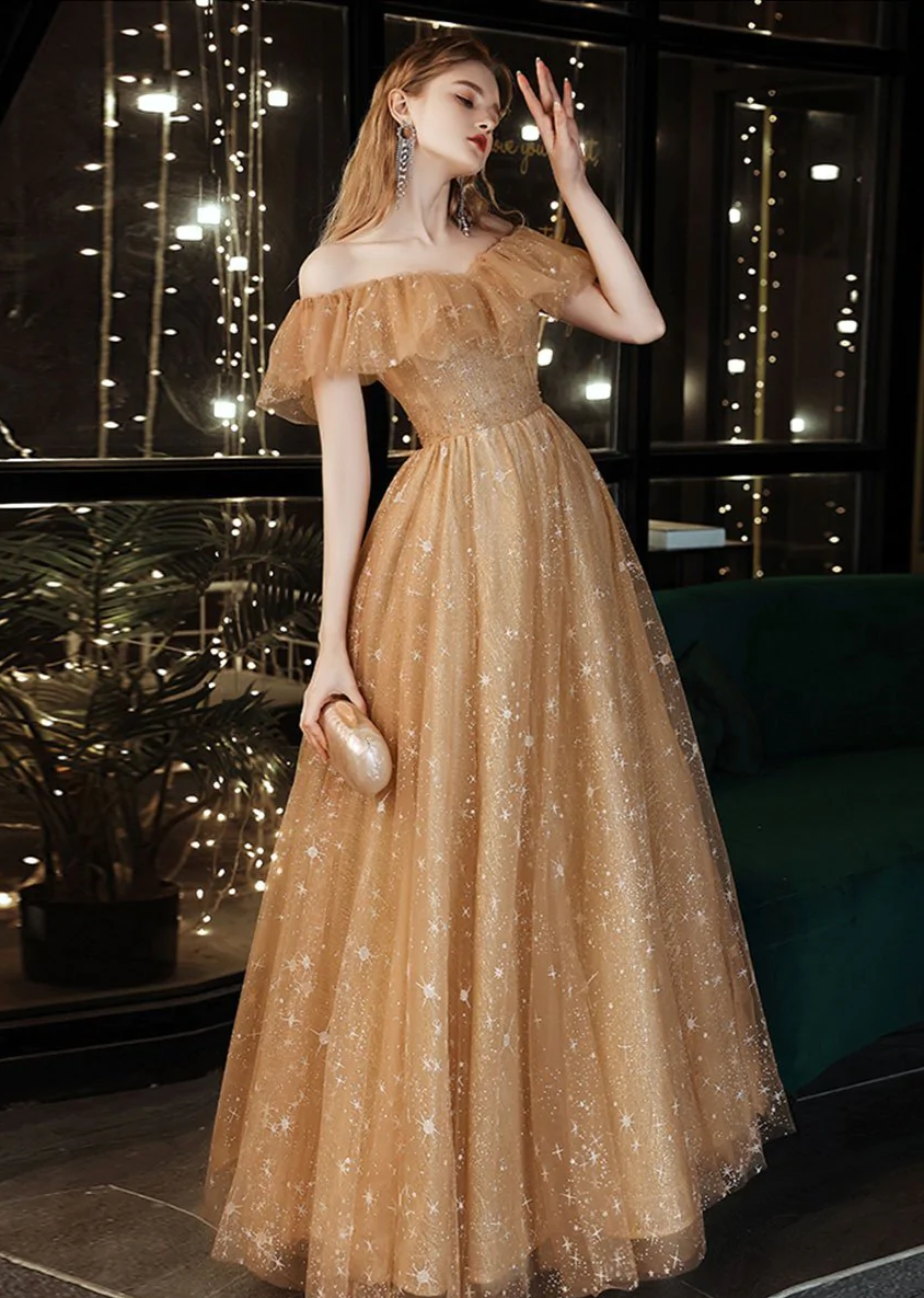 Light Champagne A-Line Tiered Ruffles Long Party Dress Ball Gown,DP1813 main image 1