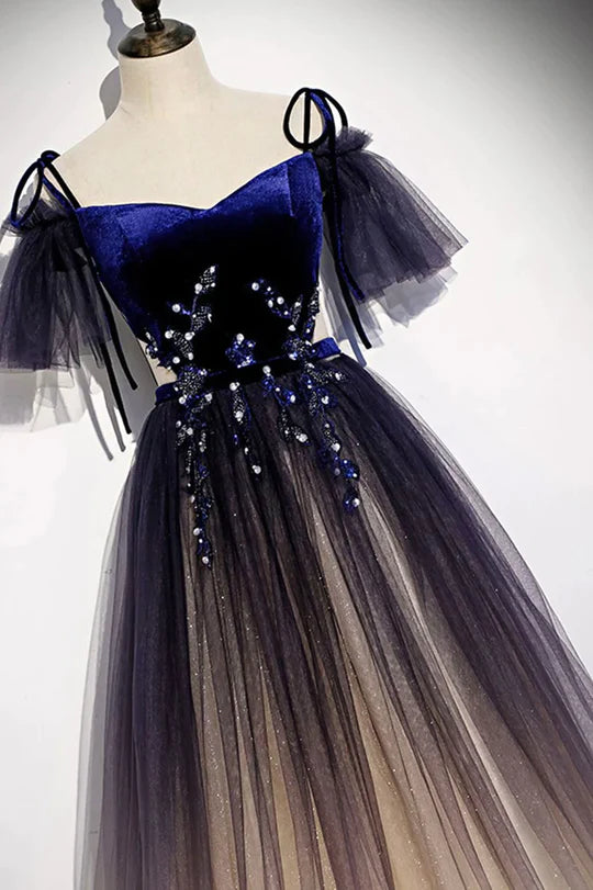 A-line Tulle and Velvet Long Party Dress, Long Evening Dress with Lace