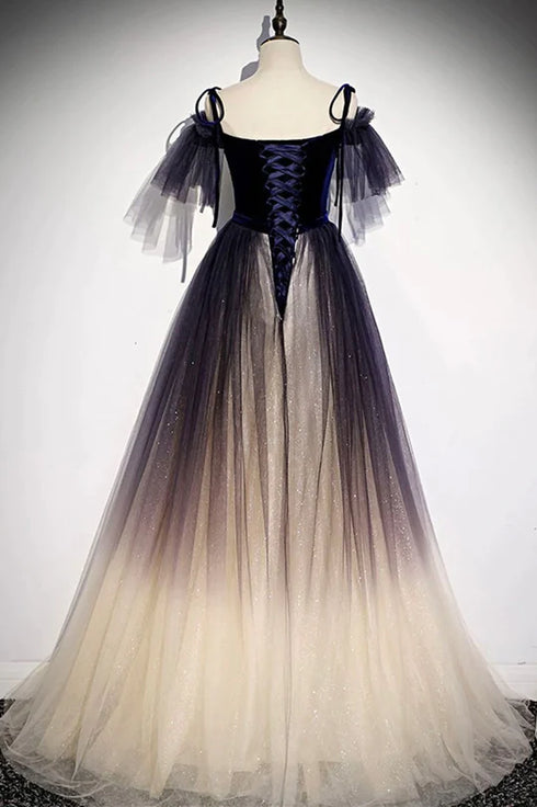 Beautiful Gradient Straps Beaded Tulle Long Formal Dress, Party Dress Long Evening Dresses