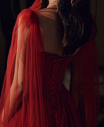 Wine Red Shiny Tulle Layers Straps Party Dress With Lace, V-Neckline Prom Dress main image 1