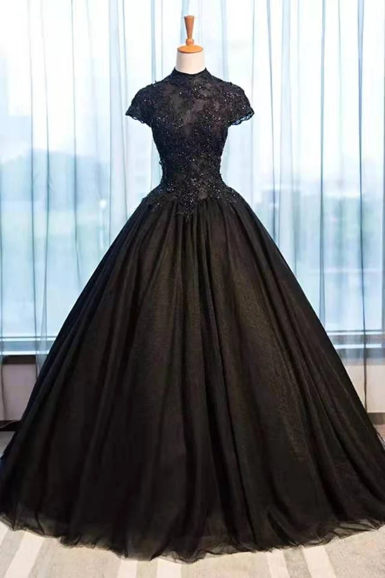 Beautiful Black Cap Sleeves Long Tulle Party Dress, Black Prom Dress ...