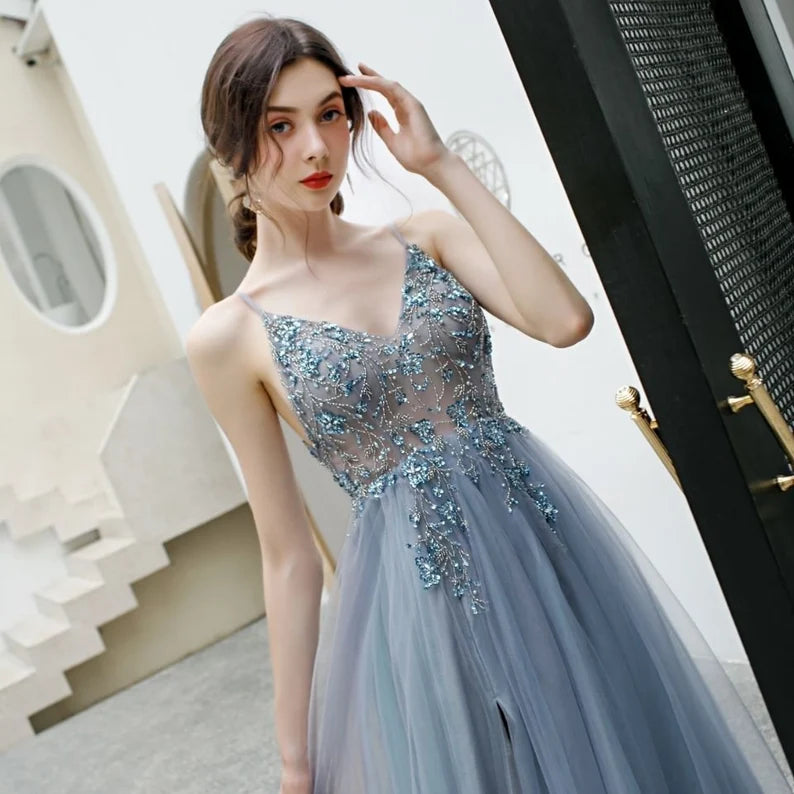 A-line Blue Sparkly Prom Dress Straps V Neck Evening Dress With Beading TP1020