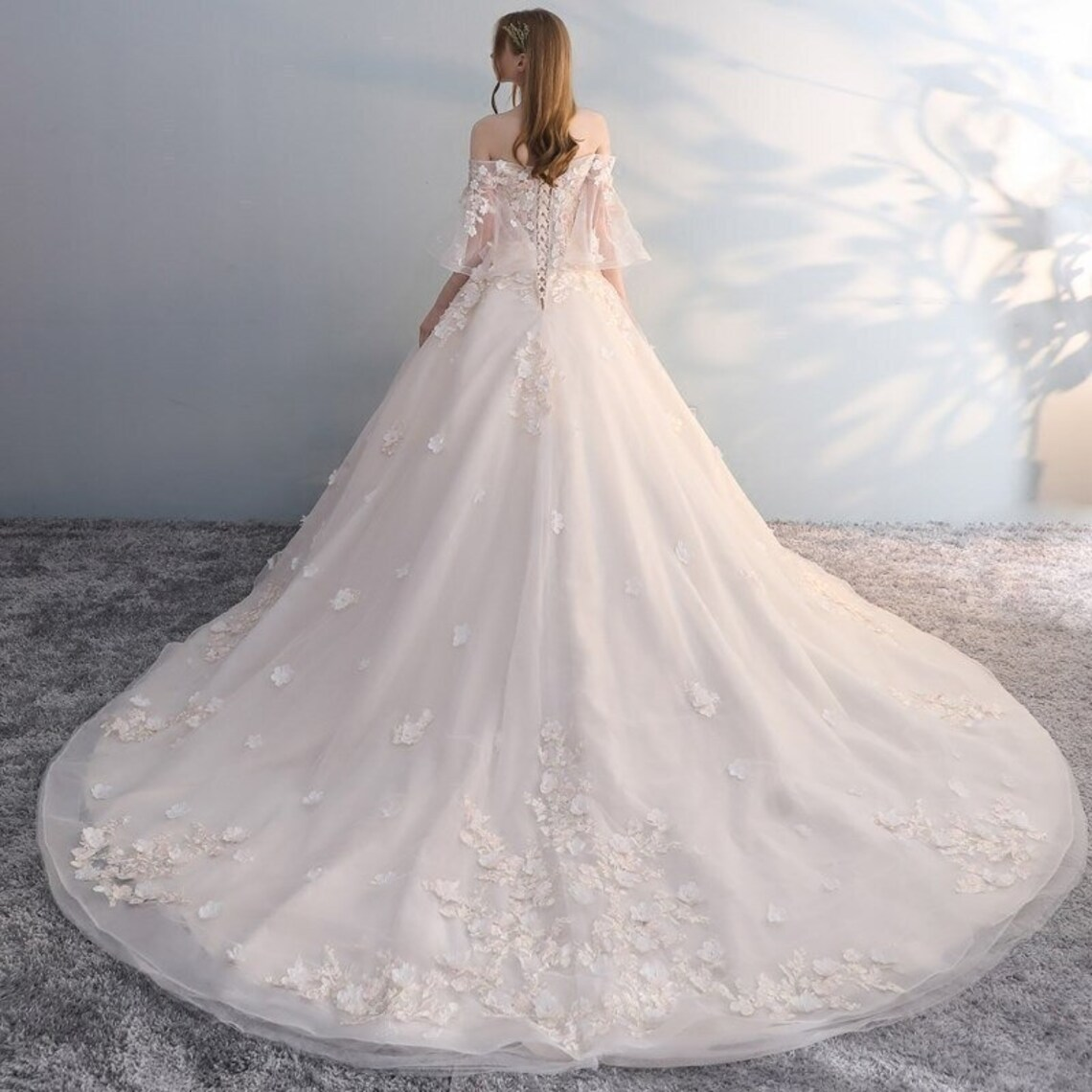 Off Shoulder Ball Gown Lace Wedding Dress with Handmade Flower at Back