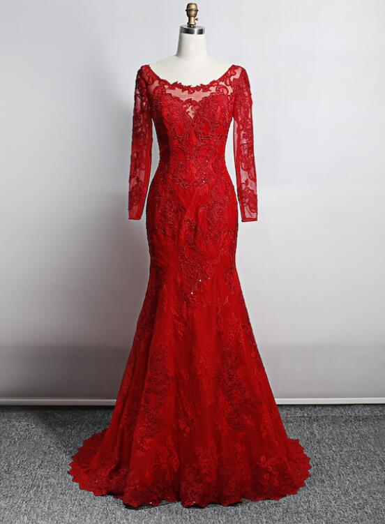 Red Lace Mermaid Long Sleeves Beautiful Evening Gown, Red Lace Wedding Party Dress US size 4 / Wine Red