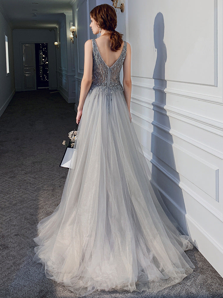 Sliver Grey Tulle Beaded Off Shoulder Party Dress, A-line Sliver Tulle Long Evening Dress Prom Dress