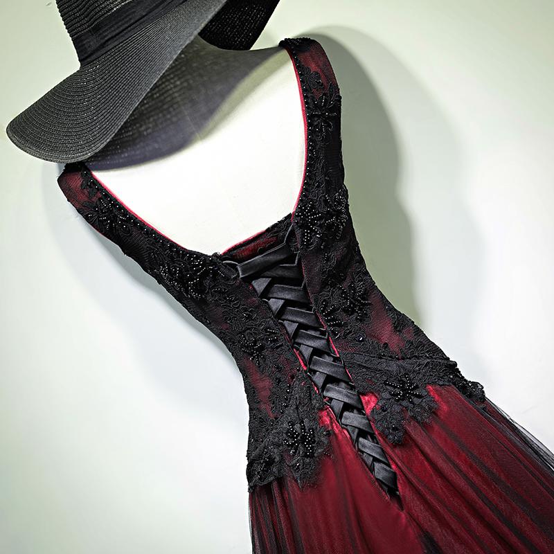 New Arrival Black V-neck Beaded Top A-line Tulle Embroidery Long Prom Dresses, PD0347