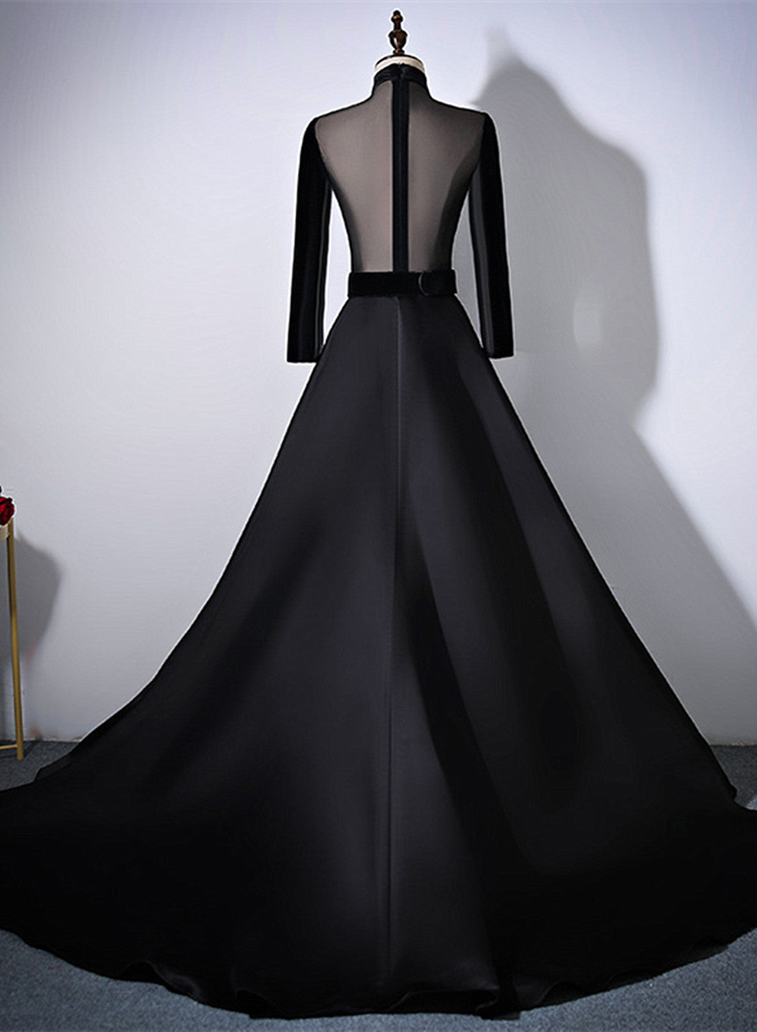 Black Velvet and Satin Long Sleeves See Through Back Formal Dress, Bla
