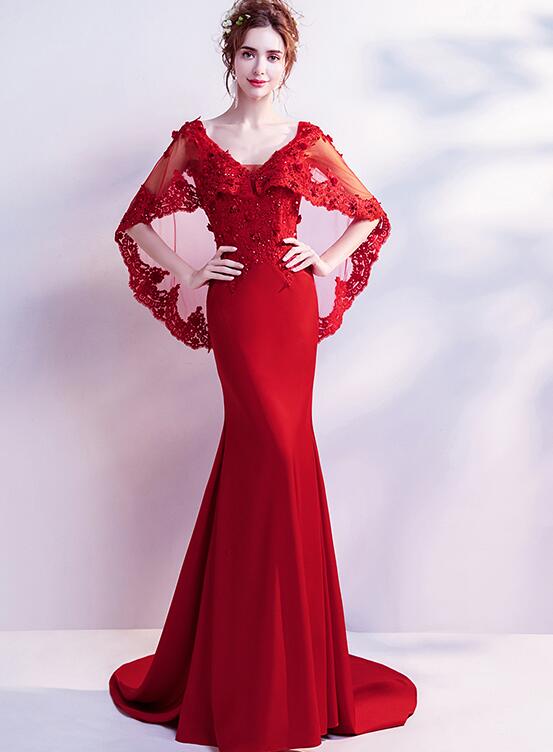 Wine Red Mermaid V back Evening Gown with Lace Applique, Dark Red Evening Dresses US size 6 / Wine Red Wine Red Mermaid V back Evening Gown with Lace Applique, Dark Red Evening Dresses US size 6 / Wine Red