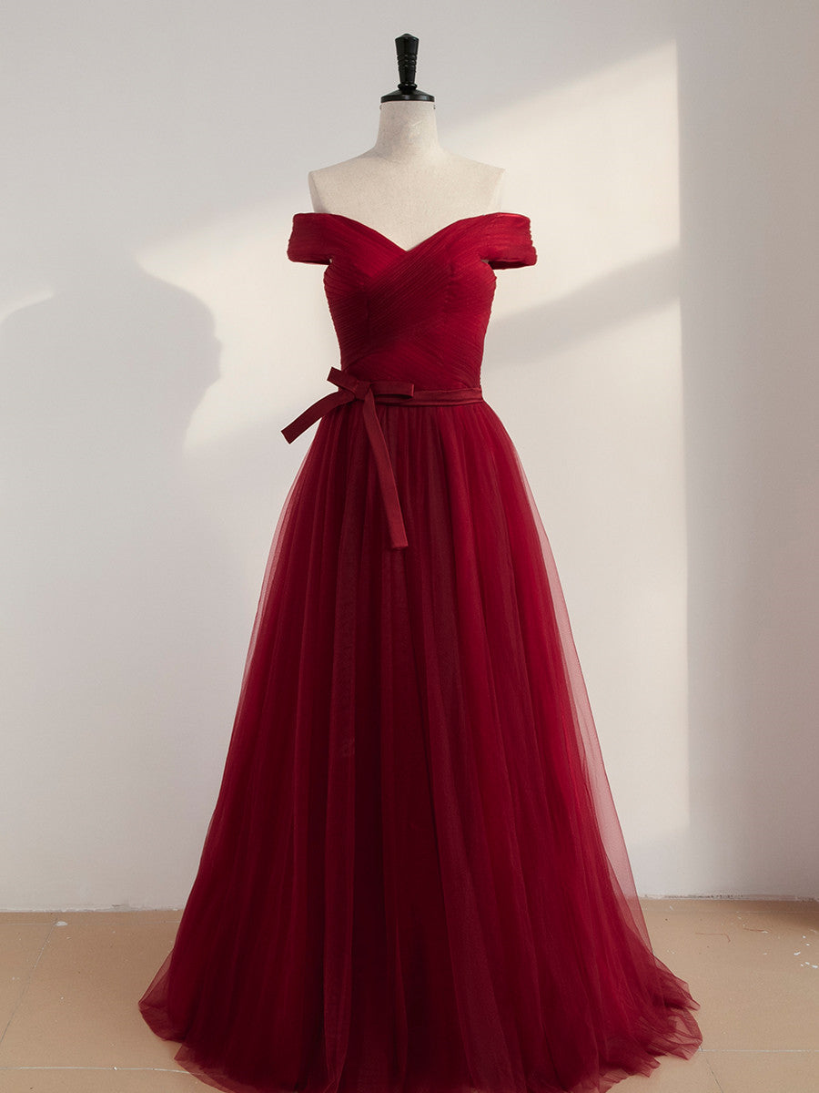 open lace back dress Dark Red Satin Long Off Shoulder A-line Evening Dress, Wine Red Formal –  Cutedressy main image 1