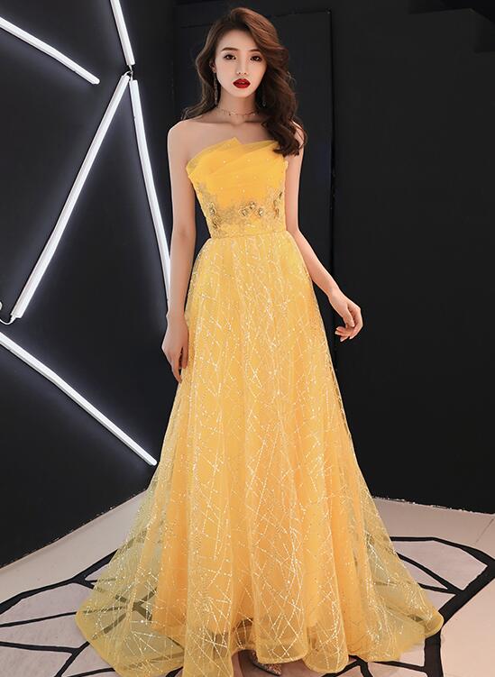 Unique Yellow Tulle Style Beaded Flowers Formal Gown, Yellow Long Prom ...