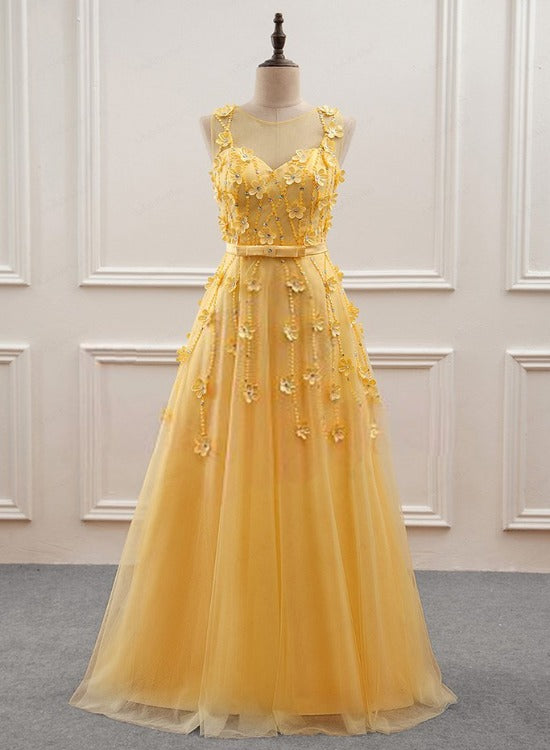 yellow prom dress with flowers Yellow Flowers Tulle Long New Prom Dress, A-line Party Dress US size 24W / Yellow