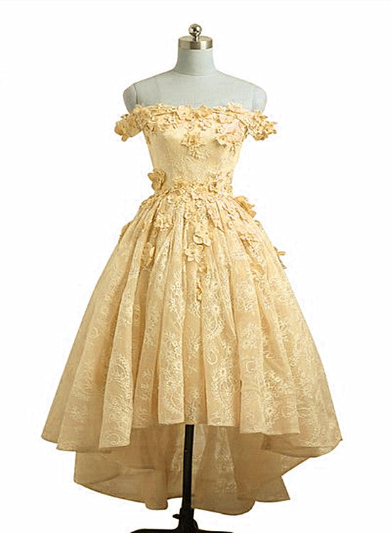 chinese dress ladies Lovely Yellow Off Shoulder Lace High Low Party Dress, Yellow Formal Dress US Size 6 / Yellow
