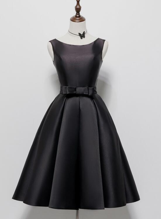 Black Satin Knee Length Round Neckline Party Dress, Black Short Prom Dress US size 6 / Black