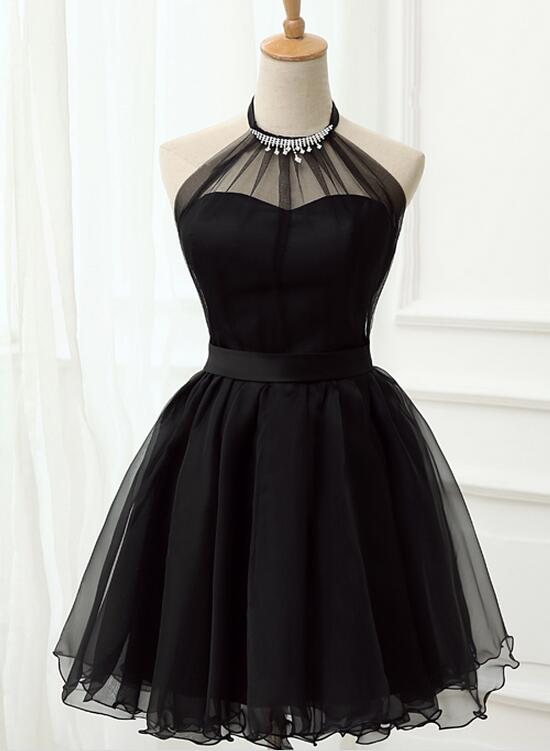 pretty short dresses Cute Black Tulle Halter Short Homecoming Dress, Black Prom Dress US size 10 / Custom Color