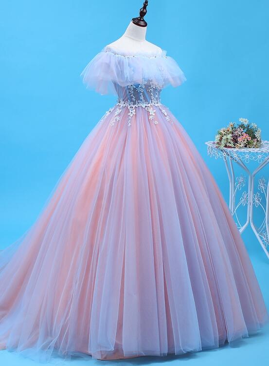 Charming Blue and Pink Tulle Off Shoulder Sweet 16 Dress with Lace, Ba –  BeautyDressy