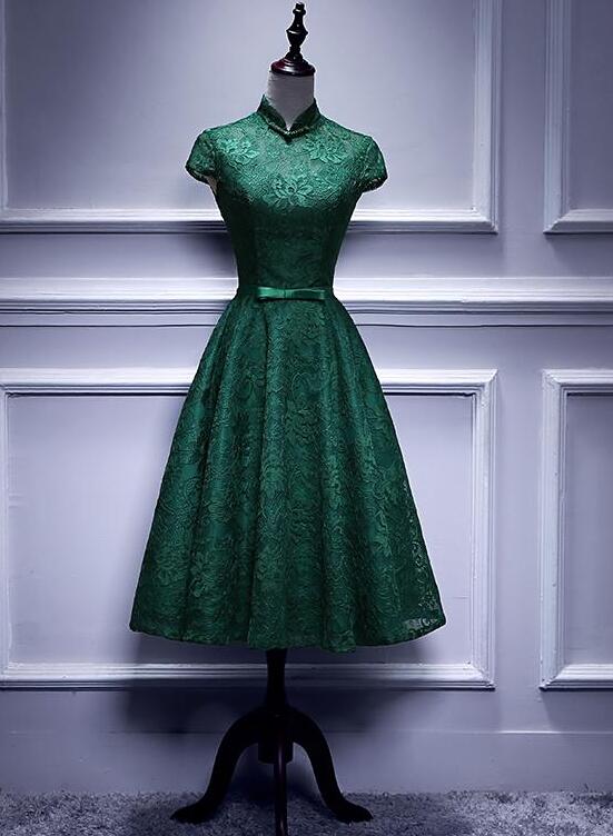 Charming Dark Green Tea Length High Neckline Party Dress, Wedding Party Dress US size 16W / Green Charming Dark Green Tea Length High Neckline Party Dress, Wedding Party Dress US size 16W / Green