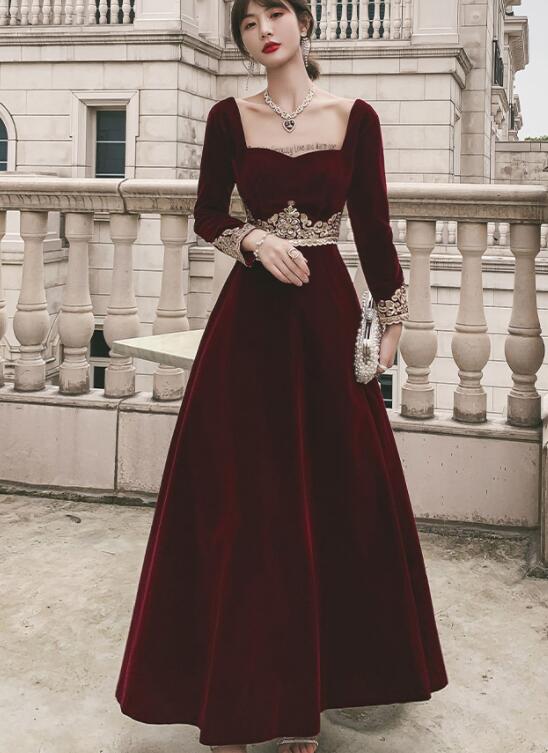 Elegant Wine Red Velvet Long Sleeves Party Dress, Dark Red Evening Dress US size 14 / Wine Red Elegant Wine Red Velvet Long Sleeves Party Dress, Dark Red Evening Dress US size 14 / Wine Red