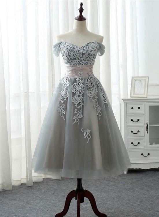 Beautiful Grey Tea Length Formal Dress with Lace, Grey Bridesmaid Dress US size 10 / Grey