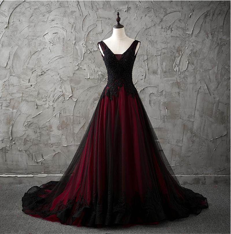 Charming Sleeveless Black and Red Lace Appliques Beaded Party Dress, L