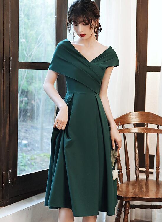 Green Off Shoulder Knee Length Bridesmaid Dress, Dark Green Short Party Dress Formal Dress US size 6 / Custom Color Green Off Shoulder Knee Length Bridesmaid Dress, Dark Green Short Party Dress Formal Dress US size 6 / Custom Color