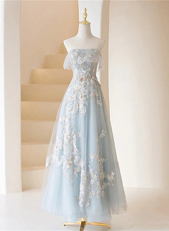 Light Blue Prom Dresses Fairy,Long Blue Tulle Floral Appliques Formal –  BeautyDressy