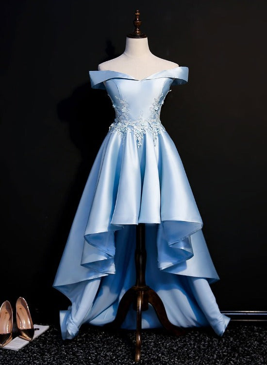Light Blue Satin with Lace Applique High Low Homecoming Dress, Blue Short Off Shoulder Formal Dress US size 18W / Blue