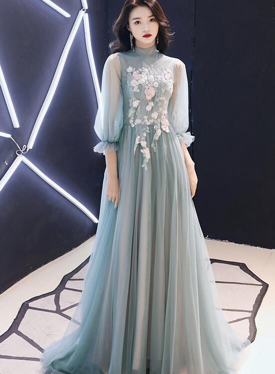 Lovely Light Green Long Sleeves Tulle Prom Dress, Floor Length A-line Flowers Formal Dress US size 26W / Green