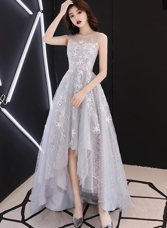 Light Grey Lace High Low Round Neckline Homecoming Dress, Beautiful Short Prom Dress US Size 16W / Grey