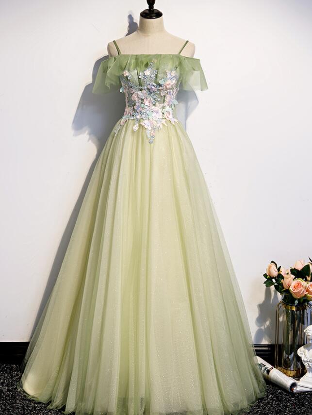 Lovely Flowers Off Shoulder Tulle Long Party Dress, A-line Tulle Light Green Prom Dress US size 26W / Green Lovely Flowers Off Shoulder Tulle Long Party Dress, A-line Tulle Light Green Prom Dress US size 26W / Green