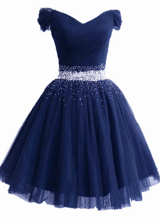 Lovely Off Shoulder Navy Blue Beaded Homecoming Dress, Short Prom Dress US size 16W / Navy Blue Lovely Off Shoulder Navy Blue Beaded Homecoming Dress, Short Prom Dress US size 16W / Navy Blue