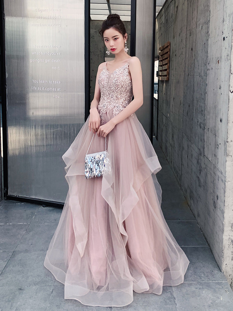 Pink Layers Tulle V-neckline Straps Prom Dress, Pink Tulle Prom Dress ...