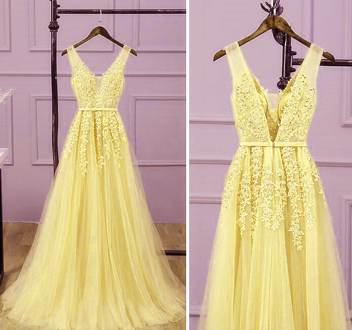 Light Yellow Tulle Long Party Dress, Yellow Tulle Prom Dress