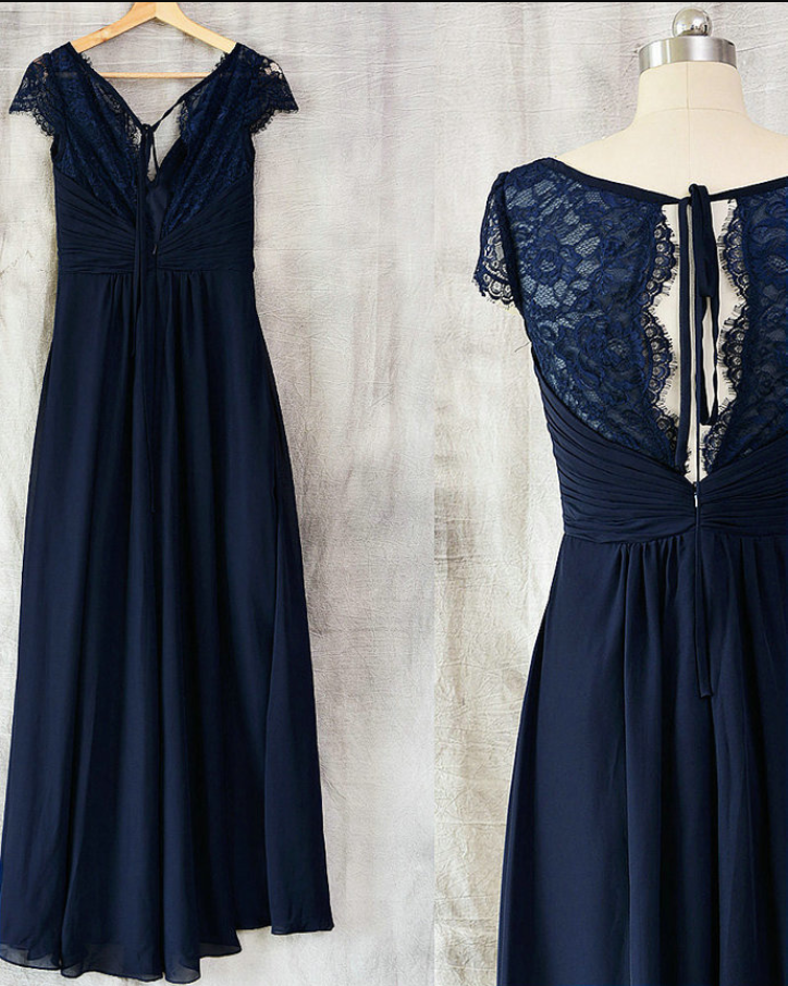 Short Sleeves Navy Blue Chiffon A-line Long Bridesmaid Dress main image 0